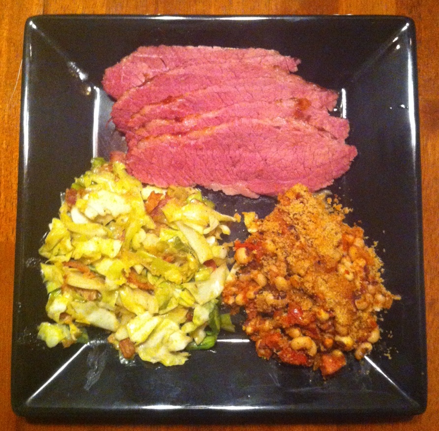 Corned Beef, BlackEyed Pea Cassoulet and Braised Cabbage with Slab Bacon Jouer avec le feu.