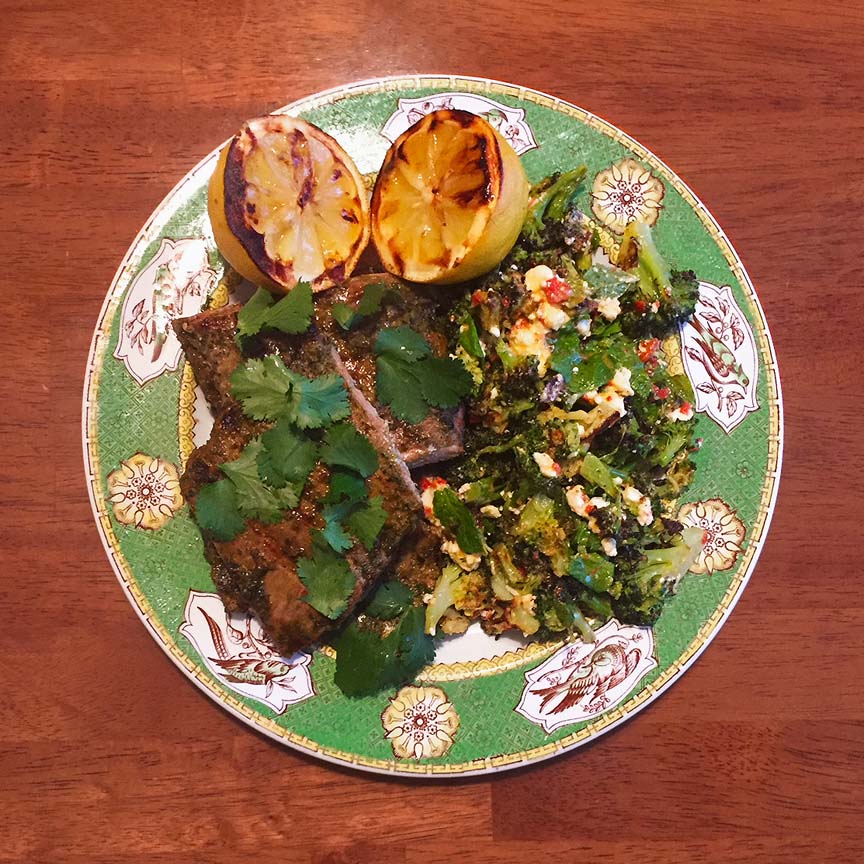Pork Skirt Steak, Roasted Broccoli with Harissa Vinaigrette, Feta and